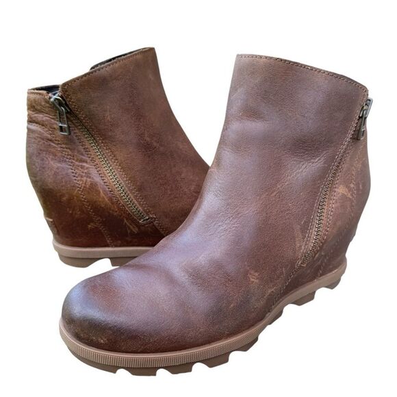 Sorel Women's Joan Of Arctic Wedge II Velvet Tan Leather Zip Bootie Size 8.5 - Picture 8 of 16